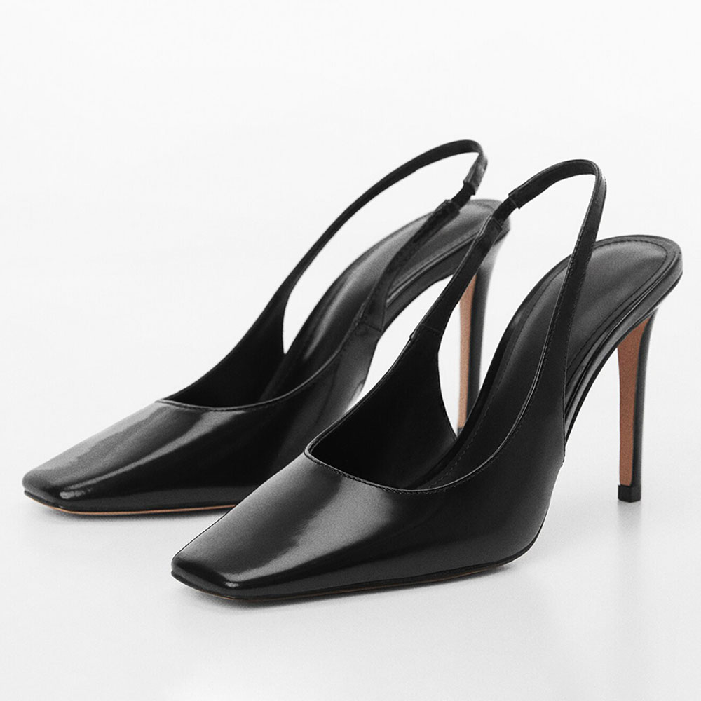 Black Vegan Leather Square Toe Stiletto Heel Slip-On Slingback Shoes Nicepairs