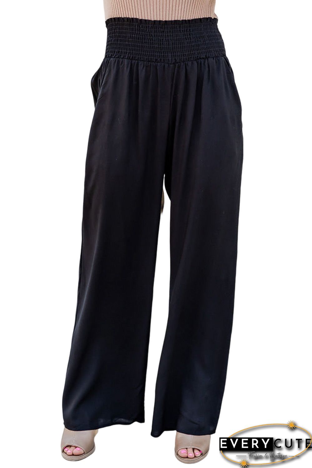 Black Smocking High Waist Wide Leg Pants