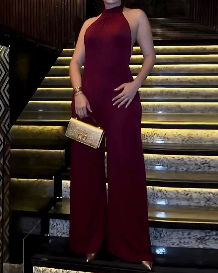 Sleeveless solid color loose casual jumpsuit