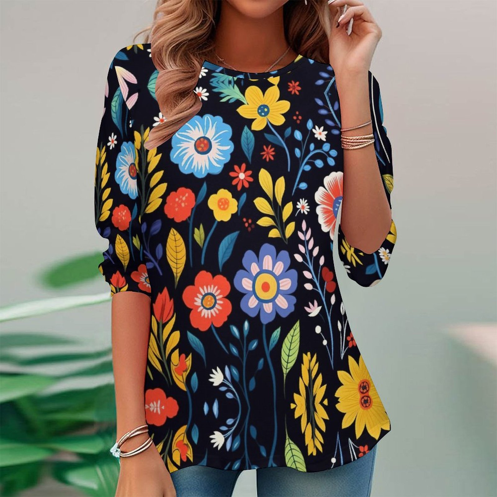 Women Long Sleeve V-neck Graphic Floral Printed Top