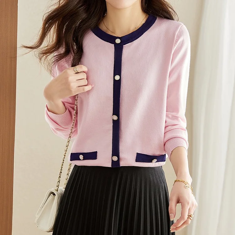 Pink Long Sleeve Shift Plain Buttoned Sweater QueenFunky