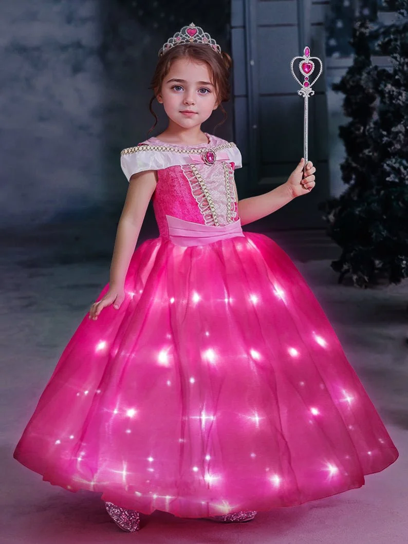 Light Up Aurora Costume Princess Short Sleeve Dress for Girls' Party and Fancy Dress
