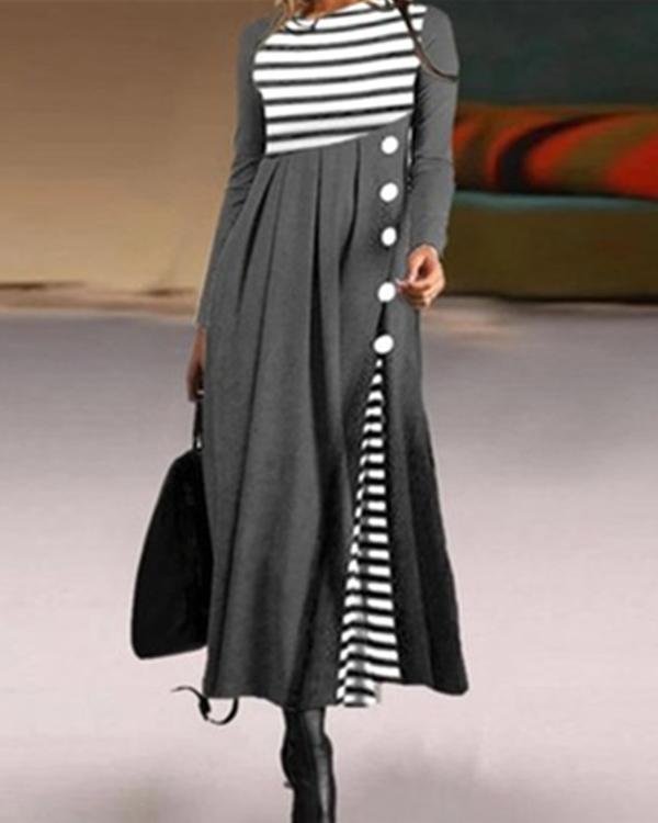 Casual Stripe Shirt Round Neckline Shift Dress - Chicaggo