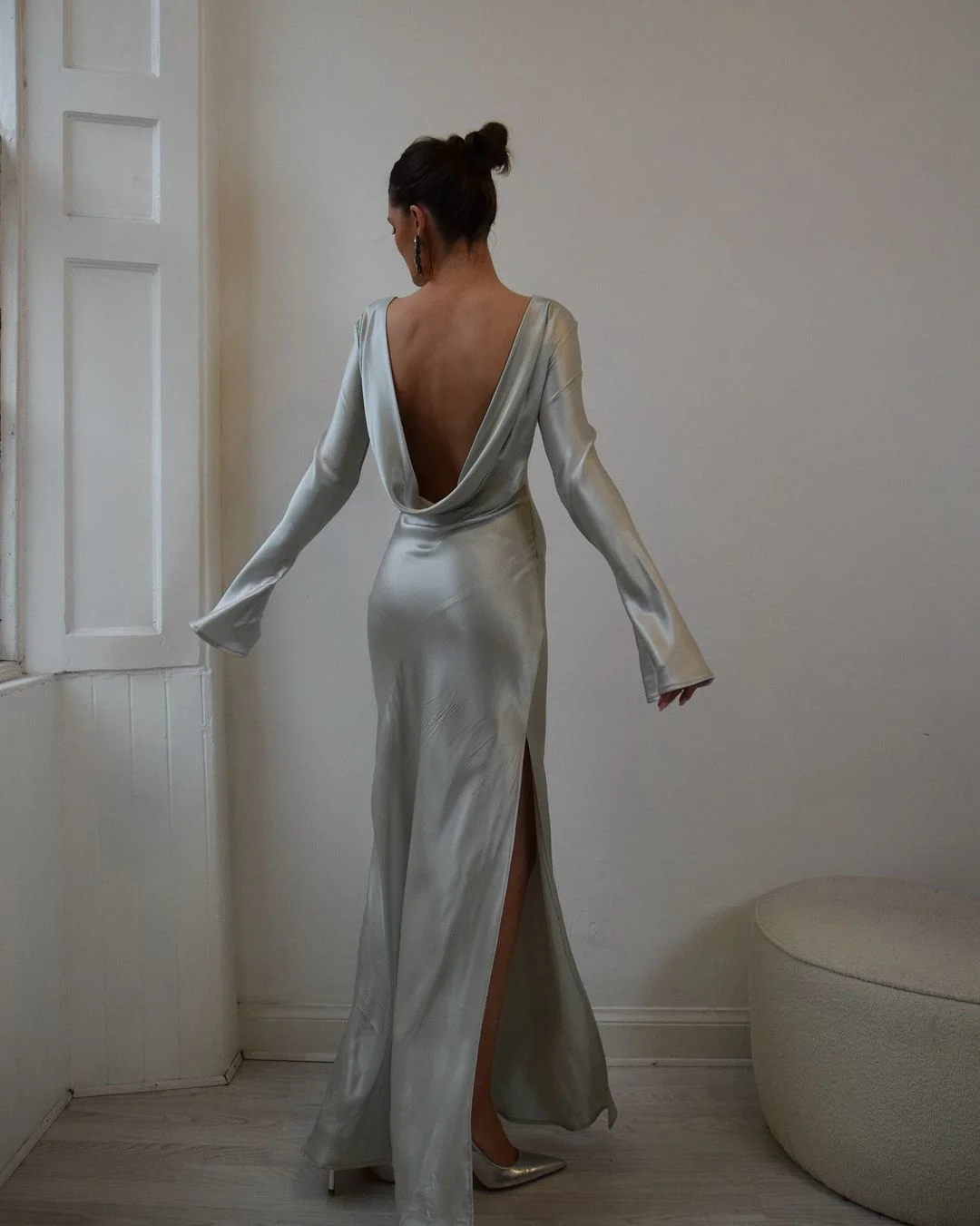 Daisda Simple Dark Green Satin Jewel Neck Long Sleeves Backless Long Prom Dress with Split