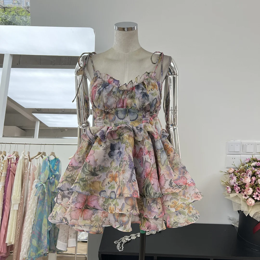 Brownm Summer Beautiful Age-Depered Printing Eugen Yarn Strap Shoulder Strap Ponpong Cake Dress Short Girl