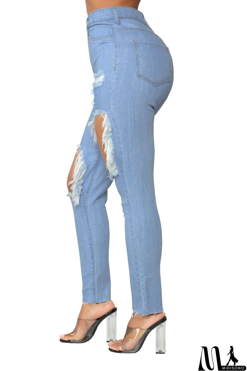 MidiSono - Sexy Hole high waist jeans Women Fashion Ripped Pencil denim jeans ladies Summer Casaul skinny jeans calca jeans boyfriend jeans