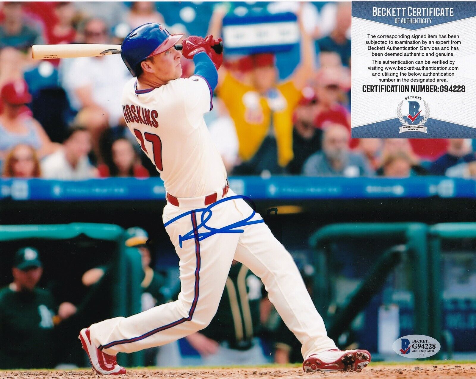 RHYS HOSKINS PHILADELPHIA PHILLIES BECKETT AUTHENTICATED ACTION SIGNED 8x10