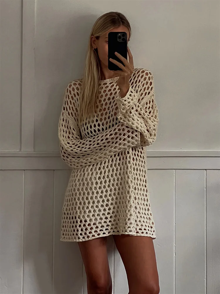 Uveng Uveng Hollow Beach Knitted Shirt Summer Seaside Vacation Long-Sleeved Sunscreen Cover