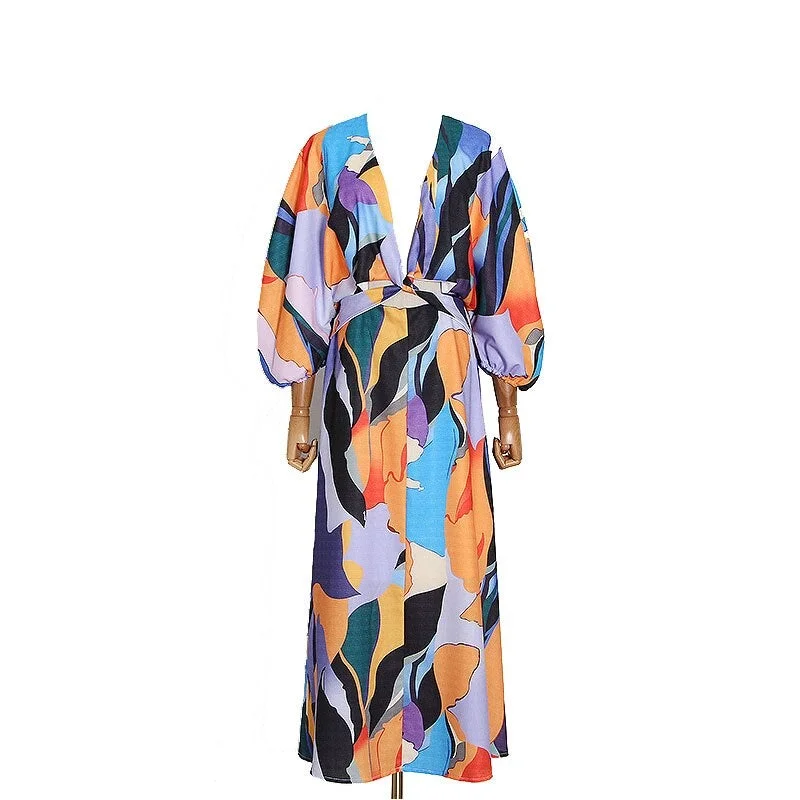 Casual Print Summer Dress Women V Neck Lantern Half Sleeve High Waist Hollow Out Hit Color Midi Dresses For Female