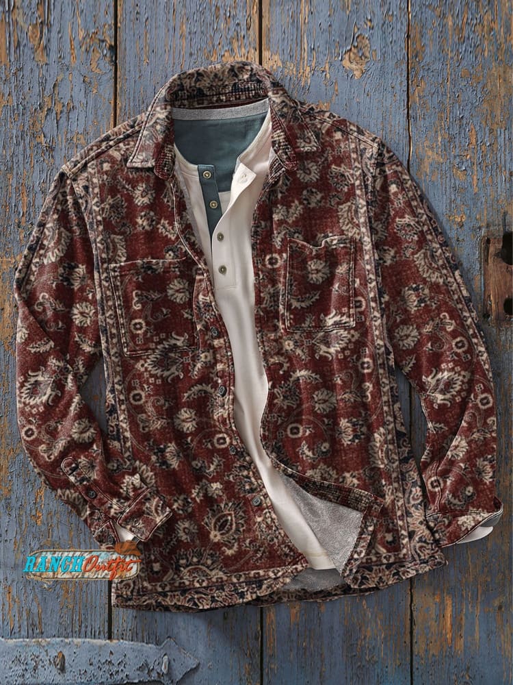 Men’s Vintage Retro Art Print Casual Long Sleeve Shirt As Picture / S