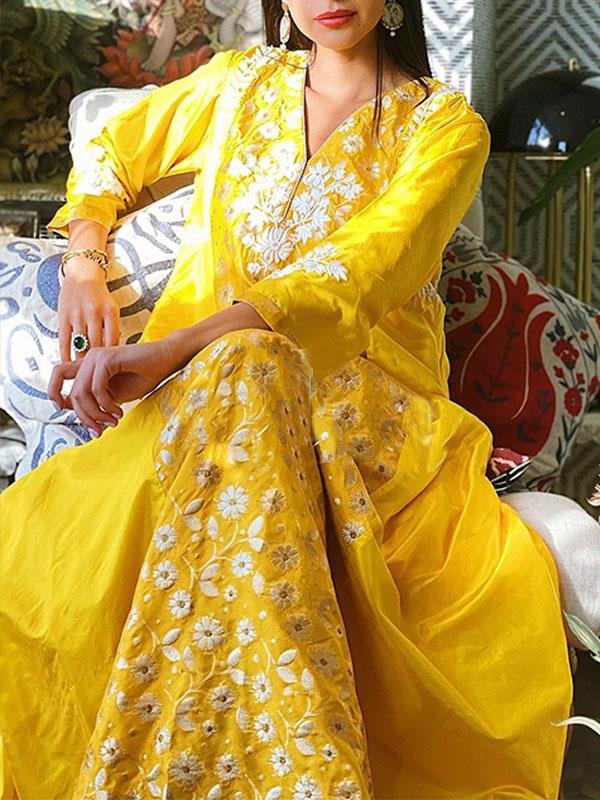 V neck for embroidery yellow maxi kaftan dress فساتين