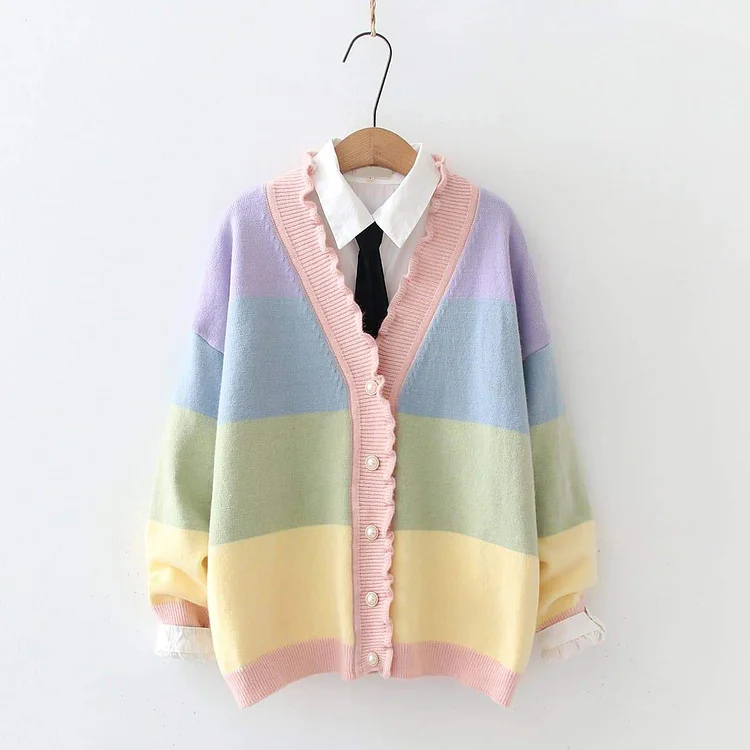 Cute Rainbow Striped Wave Cardigan Coat SP16088