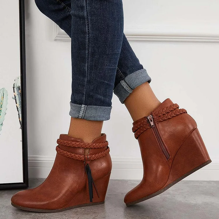 Wedge Ankle Boots Braided Fringe Strap Short Booties