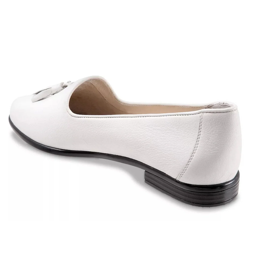 White Vegan Leather Almond Toe Tassel Accents Flat Shoes for Women