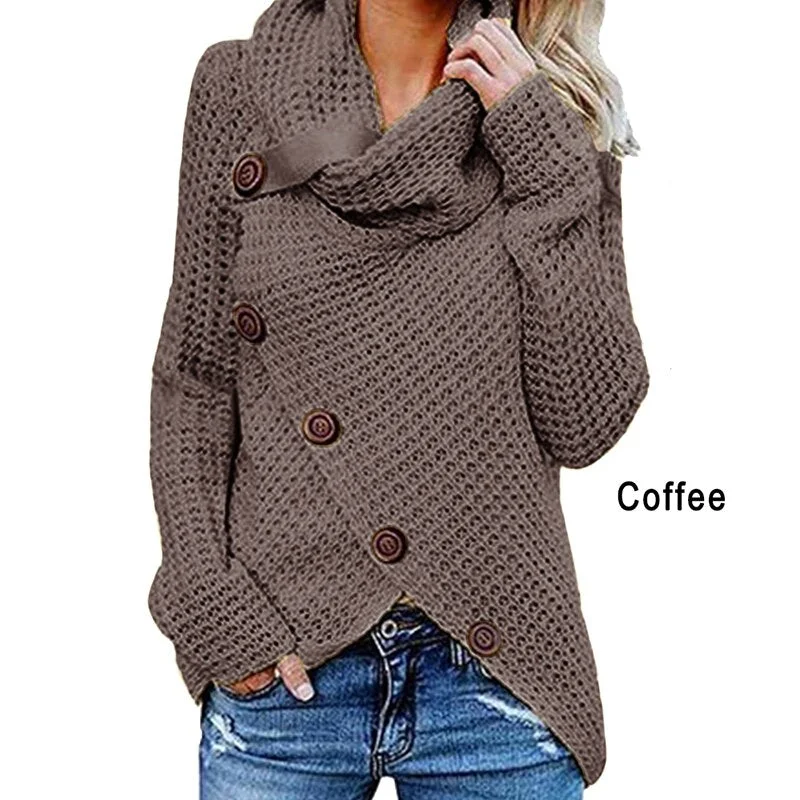 Turtleneck  Solid Knited Sweaters Women Autumn Irregular Hem Buttons  Knitted Pullover Female Korean  Plus Size Jumper Sweaters