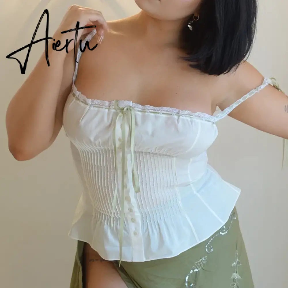 Fairy Cottage Y2K Crop Tops Kawaii Ribbons Bowknot Lace Trim Camisole Low Cut Button Up Slim Fit Vest 90s Vintage Women Tank Top Aiertu