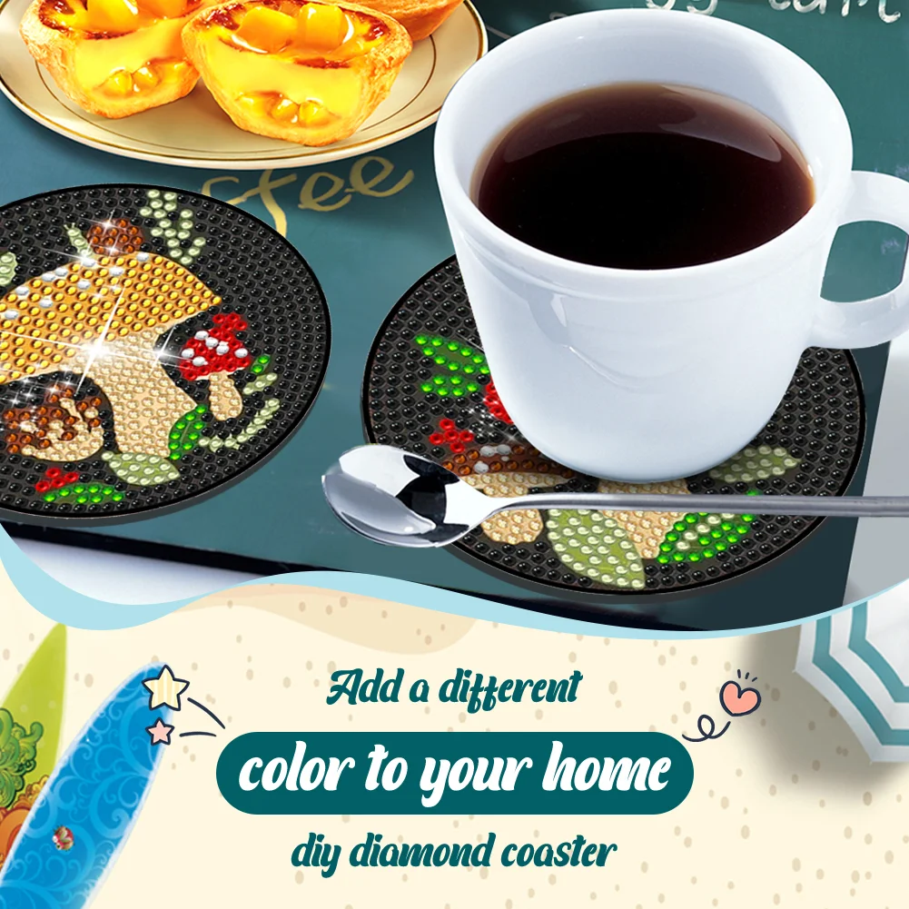 6pcs DIY Mushroom Acrylic Diamond Painting Coasters with Holder Cork Pads