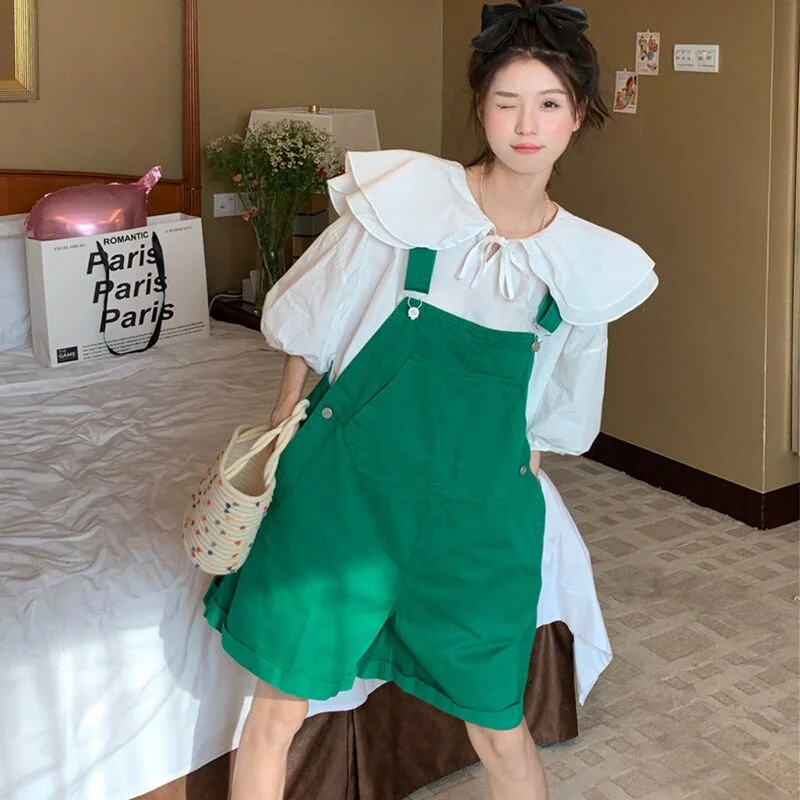 UForever21 Women Casual Summer Sets Loose All-Match Korean Style Peter Pan Collar Blouses + Wide Leg Overalls Two Piece Student Kawaii Girl