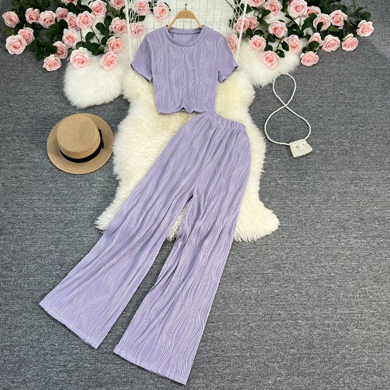 Woherb Woherb T-Shirt, High-Waisted, Wide-Leg Pants