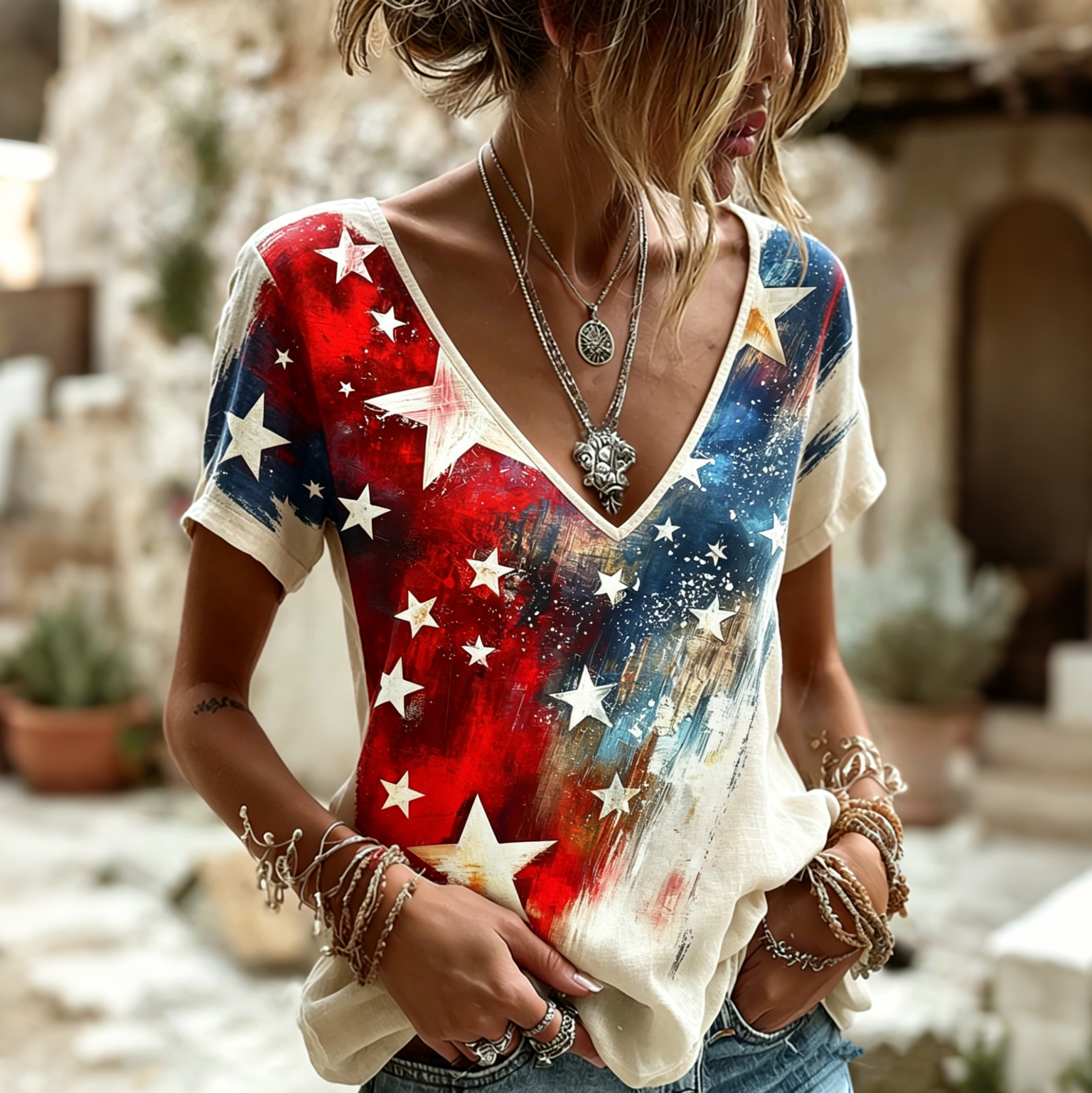  Women's Independence Day Flag Pattern Casual Short-sleeve T-shirt Westsshops