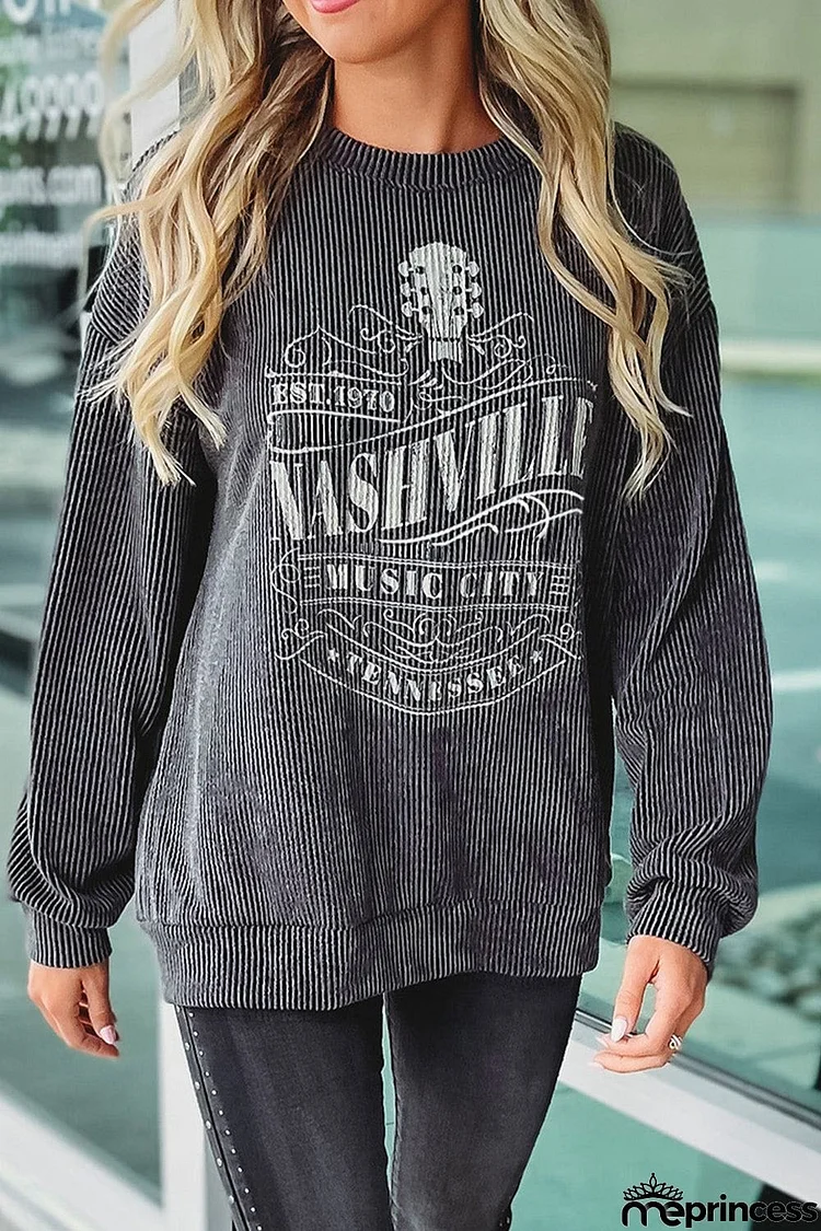 Ribbed Round Neck Long Sleeve Graphic Sweatshirt