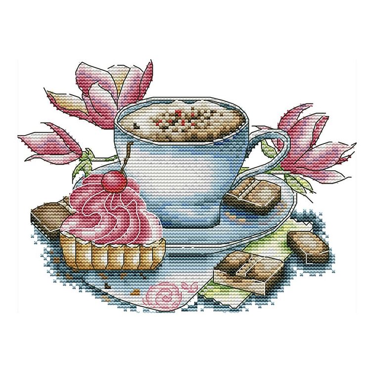 Joy Sunday - Teacup - 14CT 2 Strands Threads Printed Cross Stitch Kit - 27x20cm(Canvas)