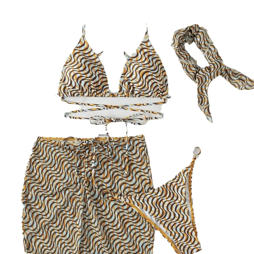 Churchf 2023 New Drawstring Strap Sexy Three-Piece Swimsuit Bikini Lead Yarn
