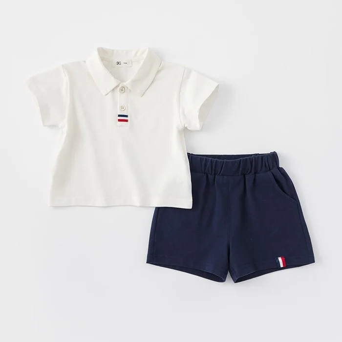 2pecs Baby Toddler Boy Solid Color Polo Collar Short Sleeve T-shirt and Shorts Set