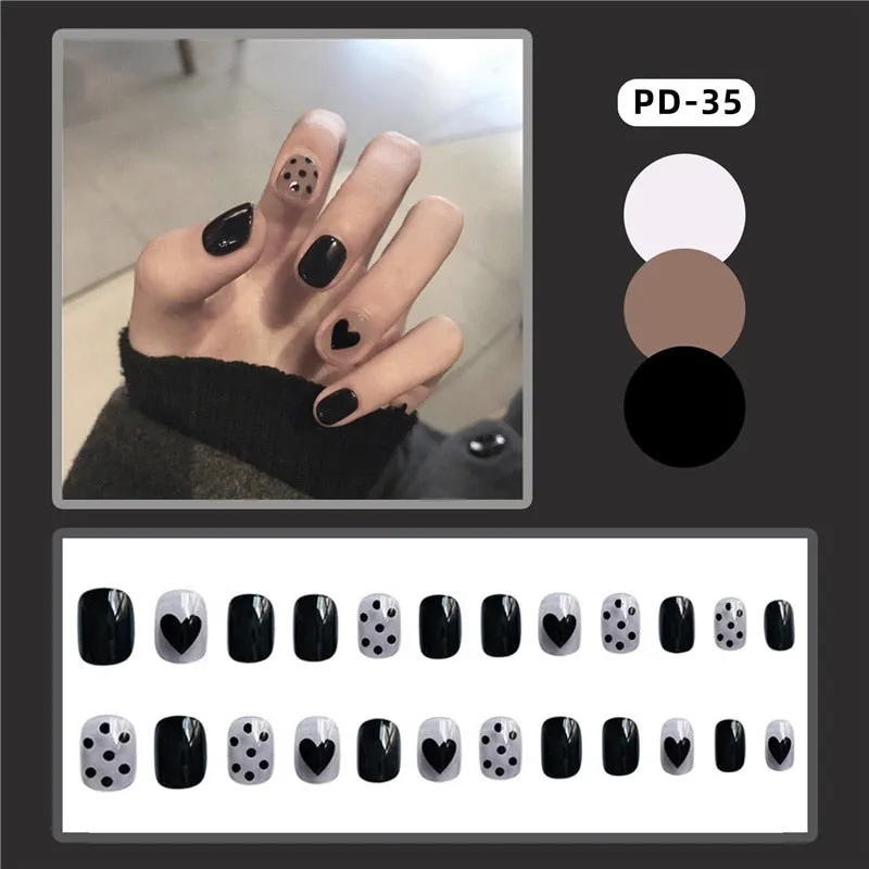 24pcs Leopard Theme Full Cover False Nail Tips Black Heart Line Transparent Stiletto French Fake Nails With Glue Detachable Tips-Nail Inspo