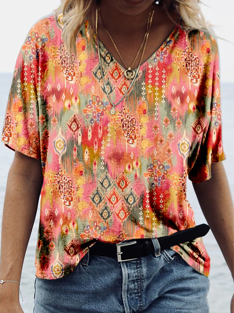  Western Colorful Ethnic Pattern V Neck Comfy T Shirt Westsshops