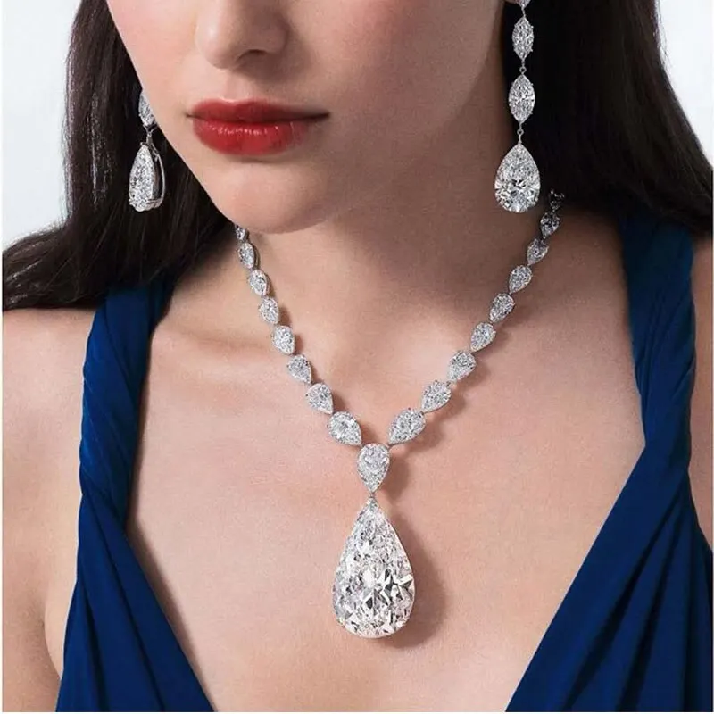 Luxury 925 Sterling Silver Pear Created Moissanite Gemstone Wedding Cocktail Pendent Necklace Fine Jewelry 032