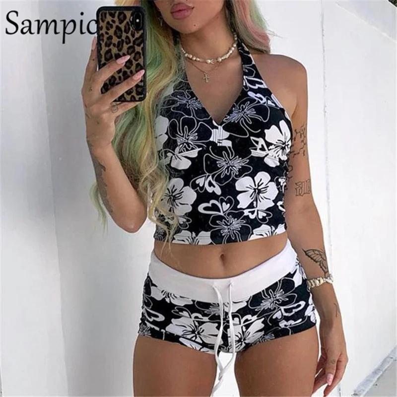 Sampic Y2K Casual Print Women Tracksuit Shorts Matching Set Halter Sexy Tops And Mini Biker Skinny Shorts Two Piece Set Summer