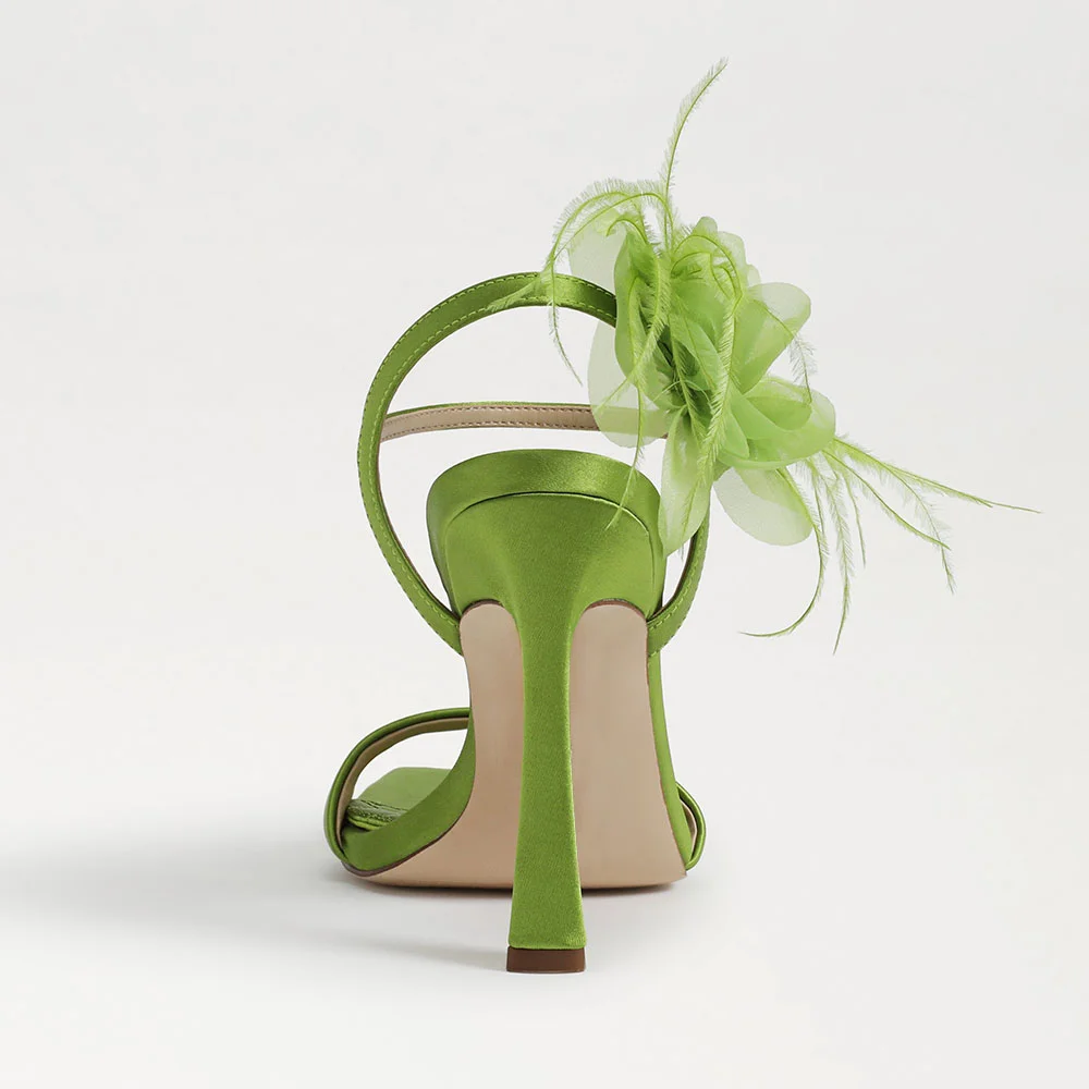 Green Square Toe Ankle Strap Heeled Sandals with Floral Decor