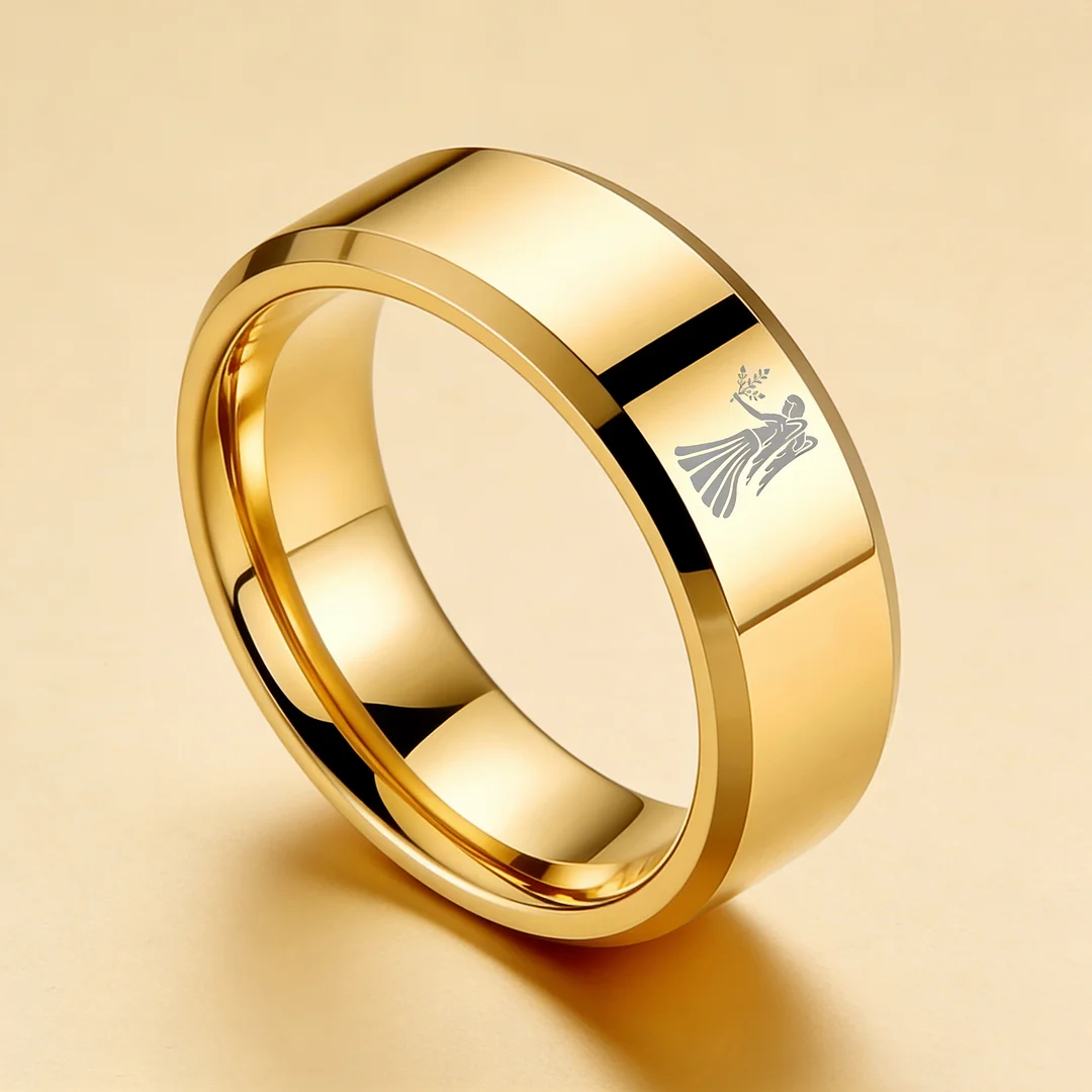 Beveled Edges Gold Laser Etched Tungsten Carbide Rings Gold Virgo Couple Wedding Band 4MM 6MM 8MM Width