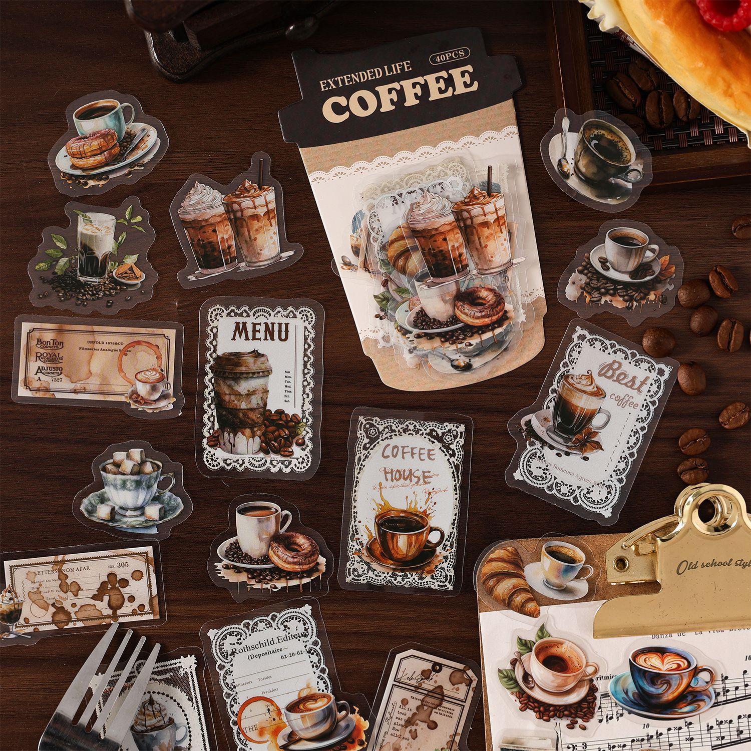 PET 스티커 - 레이스 커피 시리즈 빈티지 식물 카페 카메라