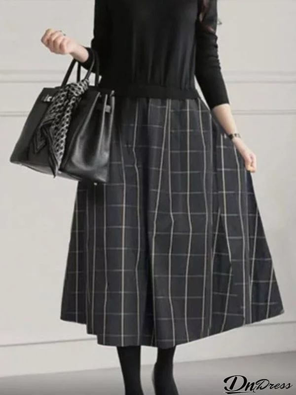 A-Line Long Sleeves Plaid Pleated Split-Joint Round-Neck Midi Dresses