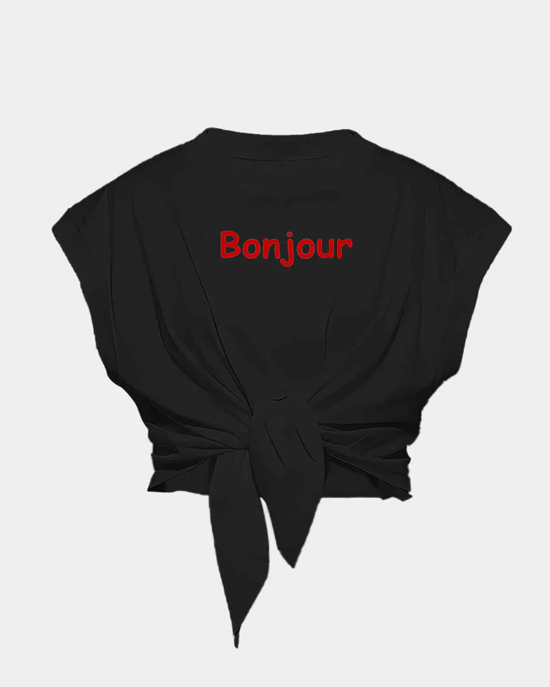 Women's Plus Size Pleated Lace-Up Red Bonjour Letter Print Short-Sleeve Tee
