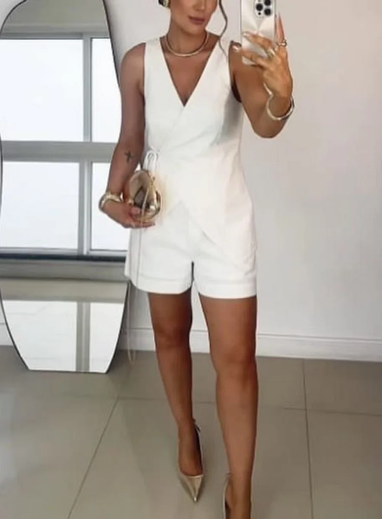 Solid Color Tie Vest High Waist Shorts Suit