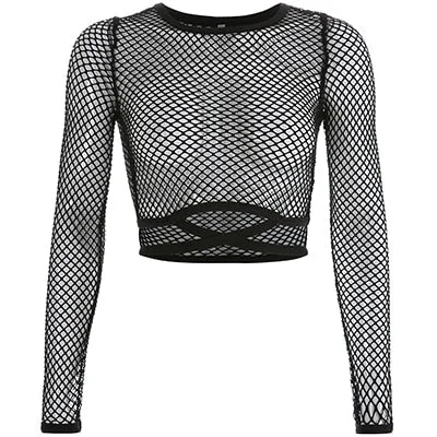 HEYounGIRL Black Fishnet Sexy Tshirt Women Hollow Out Mesh Long Sleeve Crop Tops Tees Bandage See Through T Shirt Female Spring