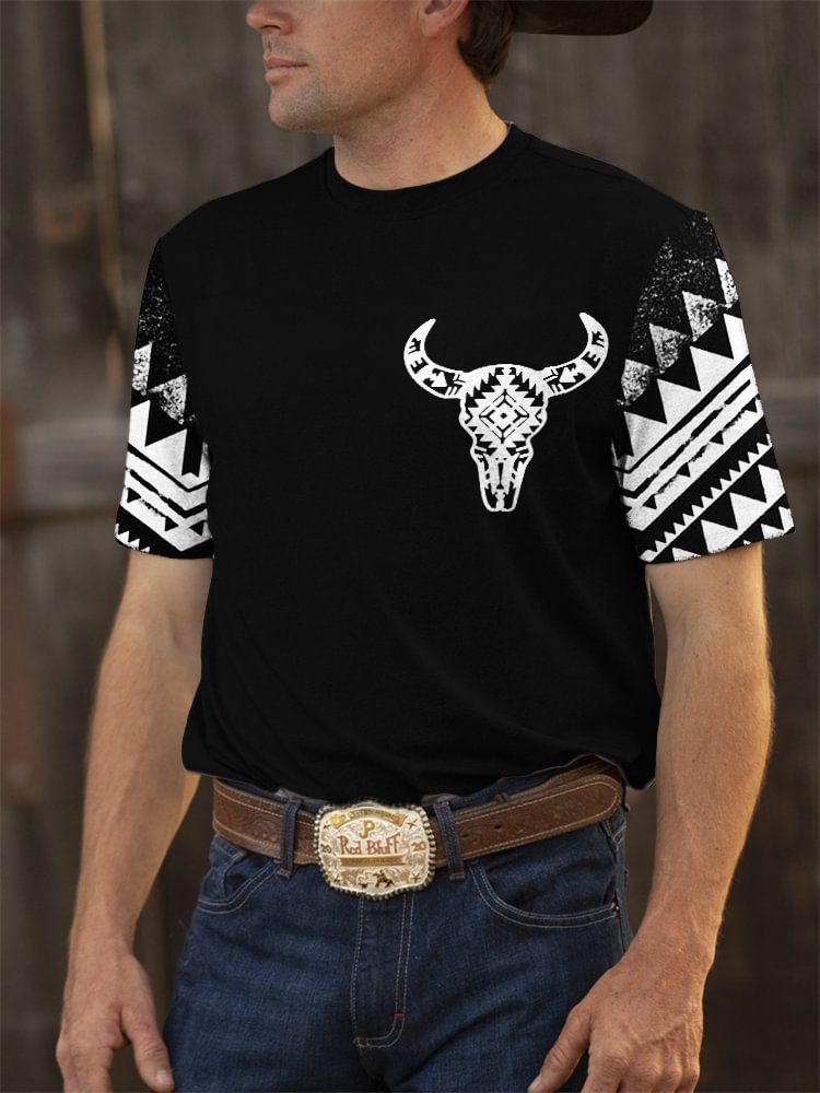 Western Tribal Totem Bull Skull Print T Shirt