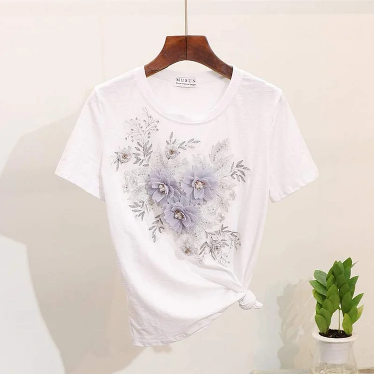 Pearl Decor 3D Blossom Embroidery Casual T-Shirt - Modakawa modakawa