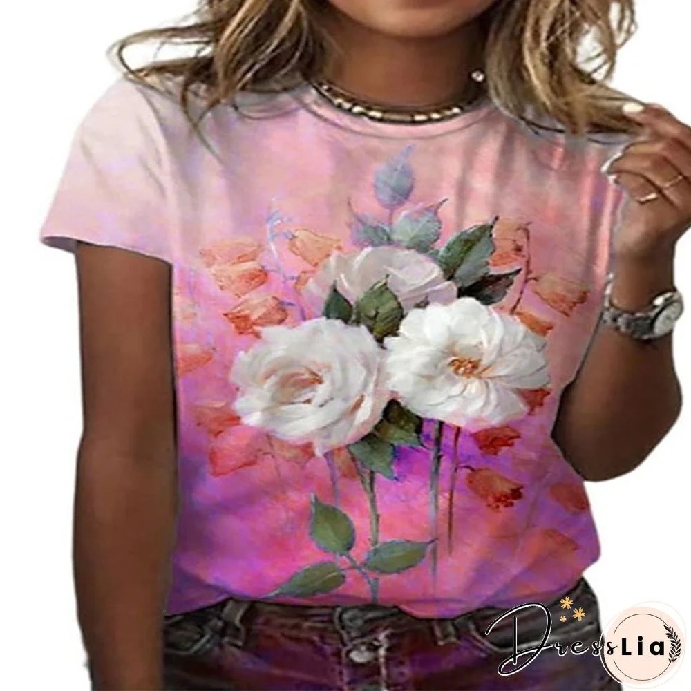 Summer New 3D Printing Ladies Casual Floral Theme Painting T-Shirt Printing Round Neck Soft Fashion Women's Clothing