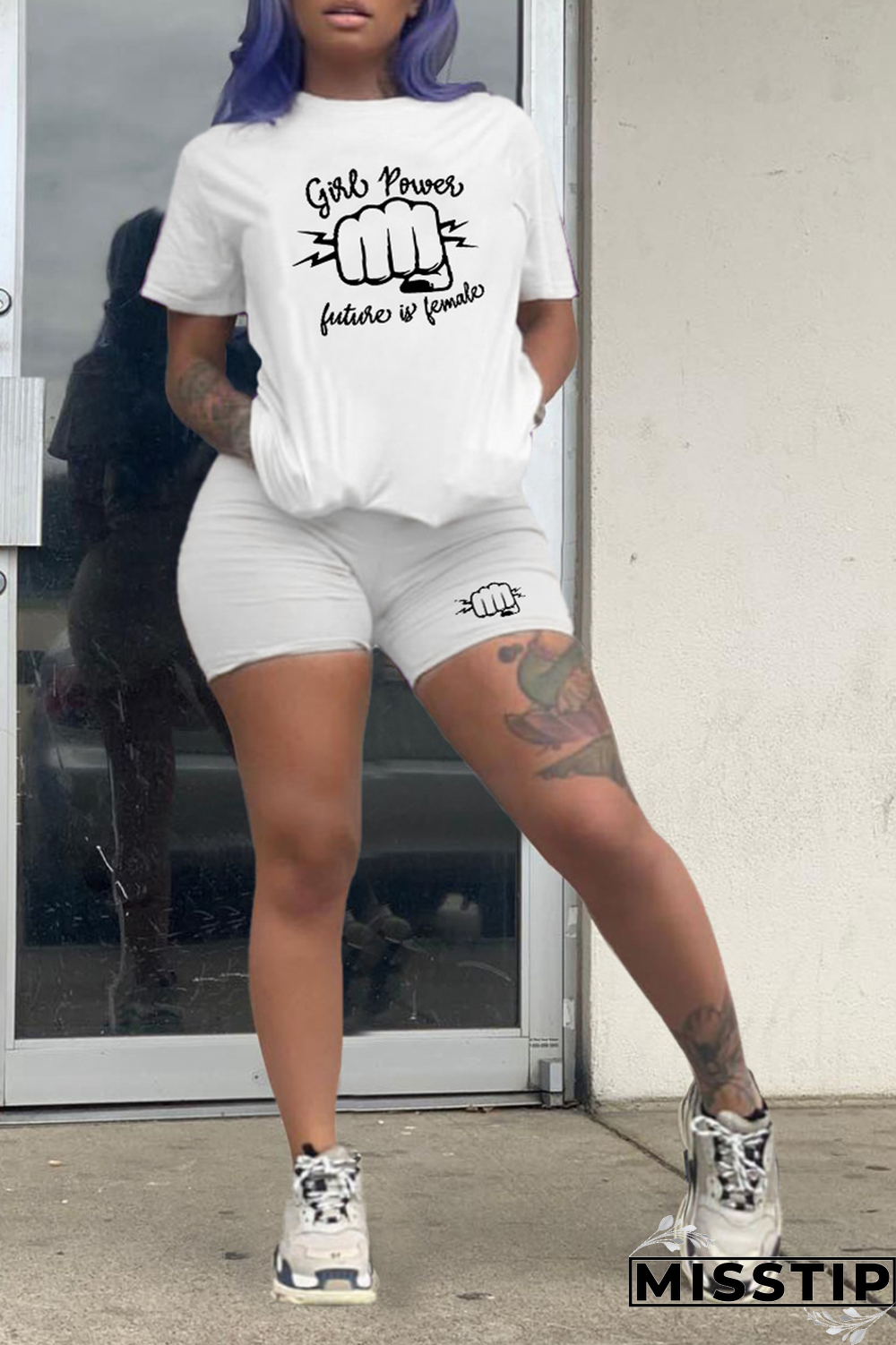 White Casual Print Patchwork O Neck Short Sleeve Two Pieces