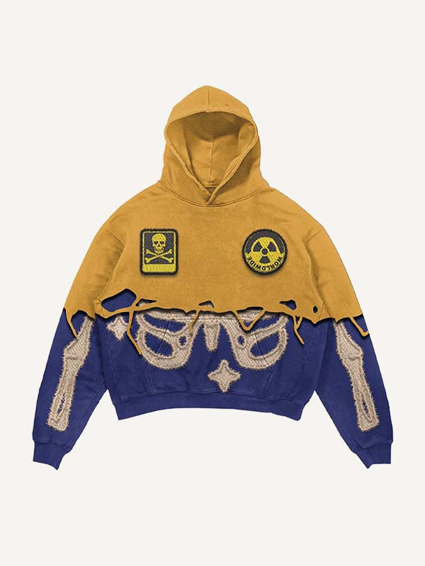 Colorblock Skeleton Faux Decal Print Slant Pockets Hoodie