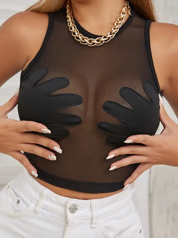 Brownm 2024 Summer New Round-Neck Women's Sleeveless Mesh Perspective Embroidered Palm Creative Vest Woman