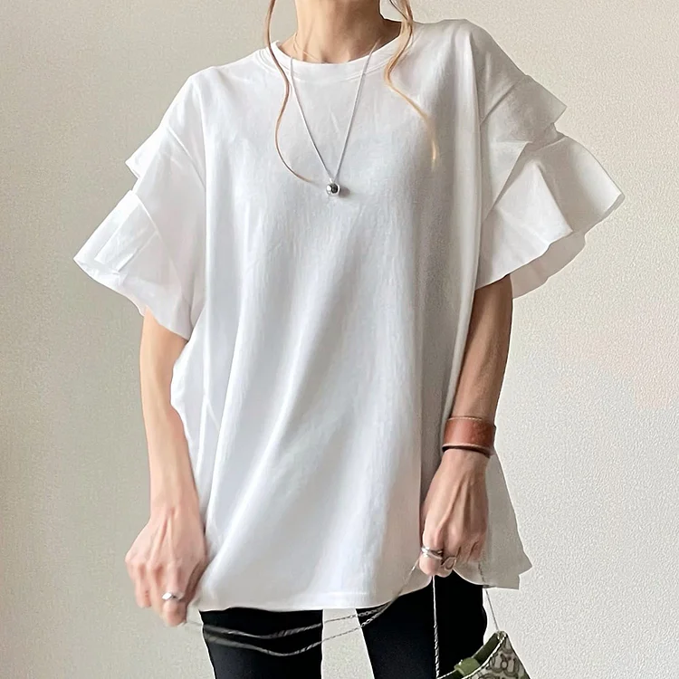 Simple Solid Color Wave Sleeve T-shirt