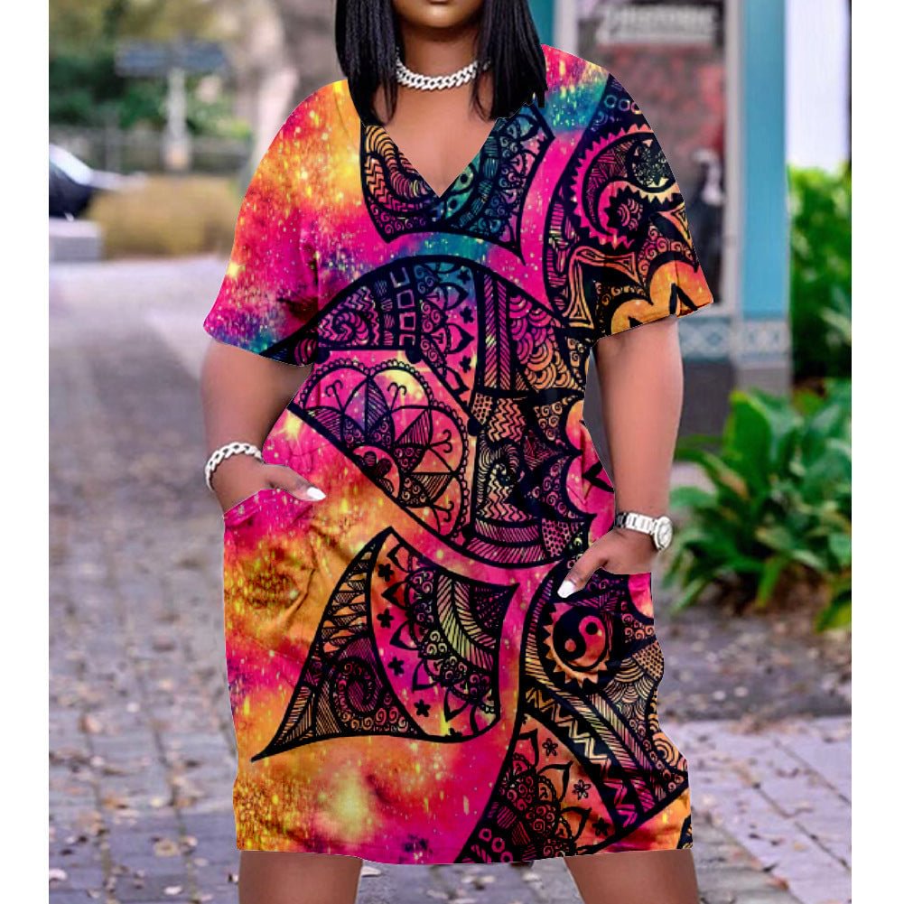 3D printed loose plus size v-neck mid-sleeve dress