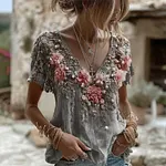 Women's Pink Roses Embroidered Art V-neck Short Sleeve T-shirt - Image 6