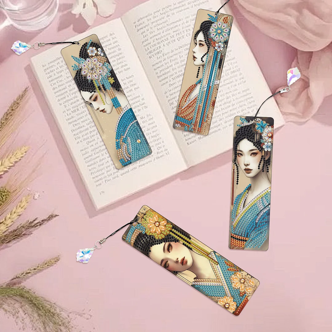 4Pcs Oriental Beauty DIY Diamond Bookmark Art Projects Irregular Shaped Diamonds Diamond Painting Art Bookmarks with Crystal Pendants for DIY Making Beginners Adult Art Craft Supplies