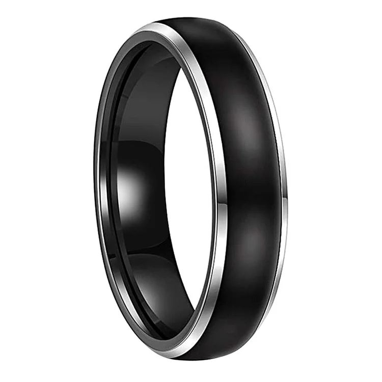 6mm, 8mm Shiny Polished Silver Edge Black Tungsten Unisex ring